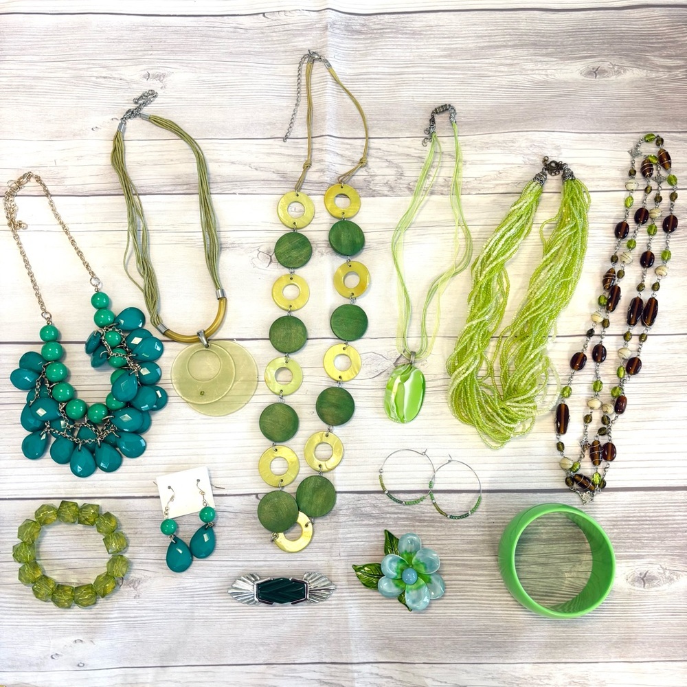 Green and Blue Jewelry Lot of 12 Necklaces Earrings Bracelets Brooches